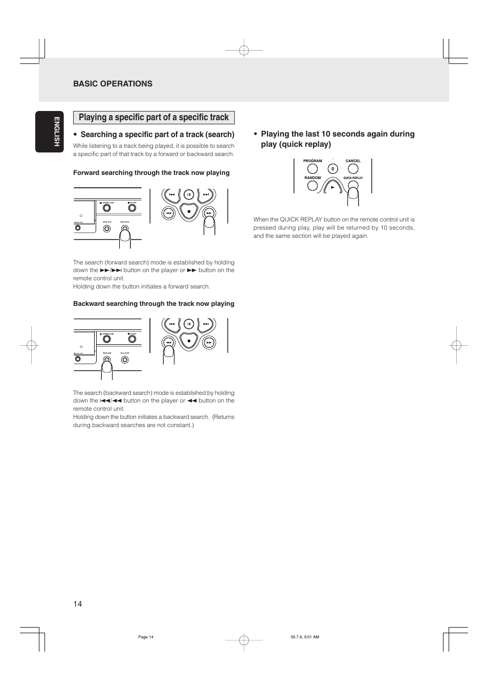 Playing a specific part of a specific track, Searching a specific part of a track (search) | Marantz CD5001 User Manual | Page 18 / 33