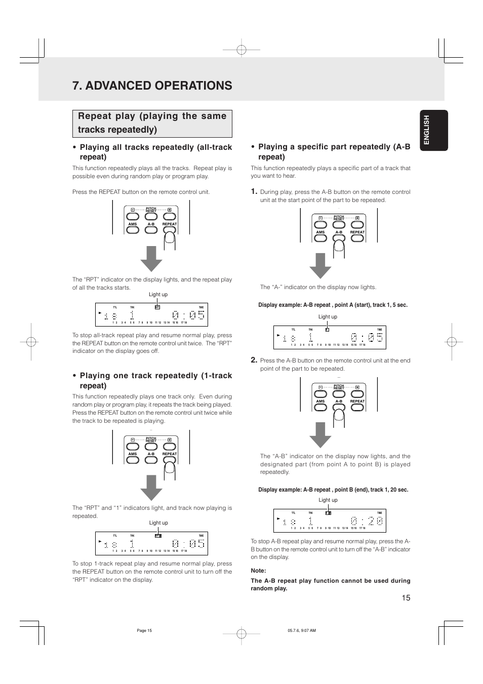 Advanced operations, Repeat play (playing the same tracks repeatedly), Playing all tracks repeatedly (all-track repeat) | Playing one track repeatedly (1-track repeat), Playing a specific part repeatedly (a-b repeat), English | Marantz CD5001 User Manual | Page 19 / 33