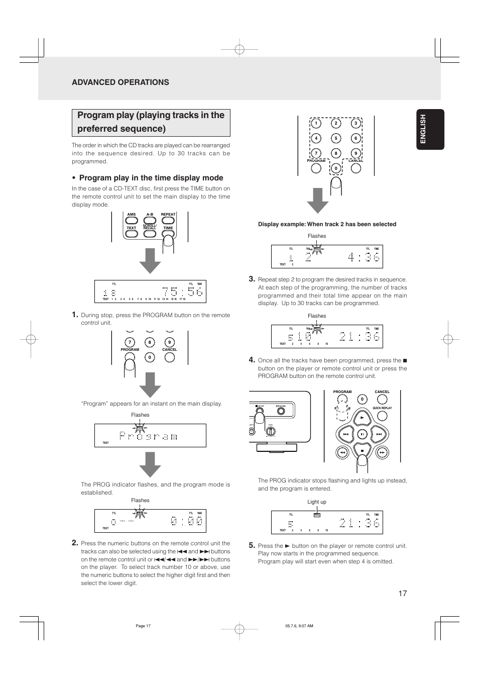 Program play in the time display mode, Advanced operations, English | Marantz CD5001 User Manual | Page 21 / 33