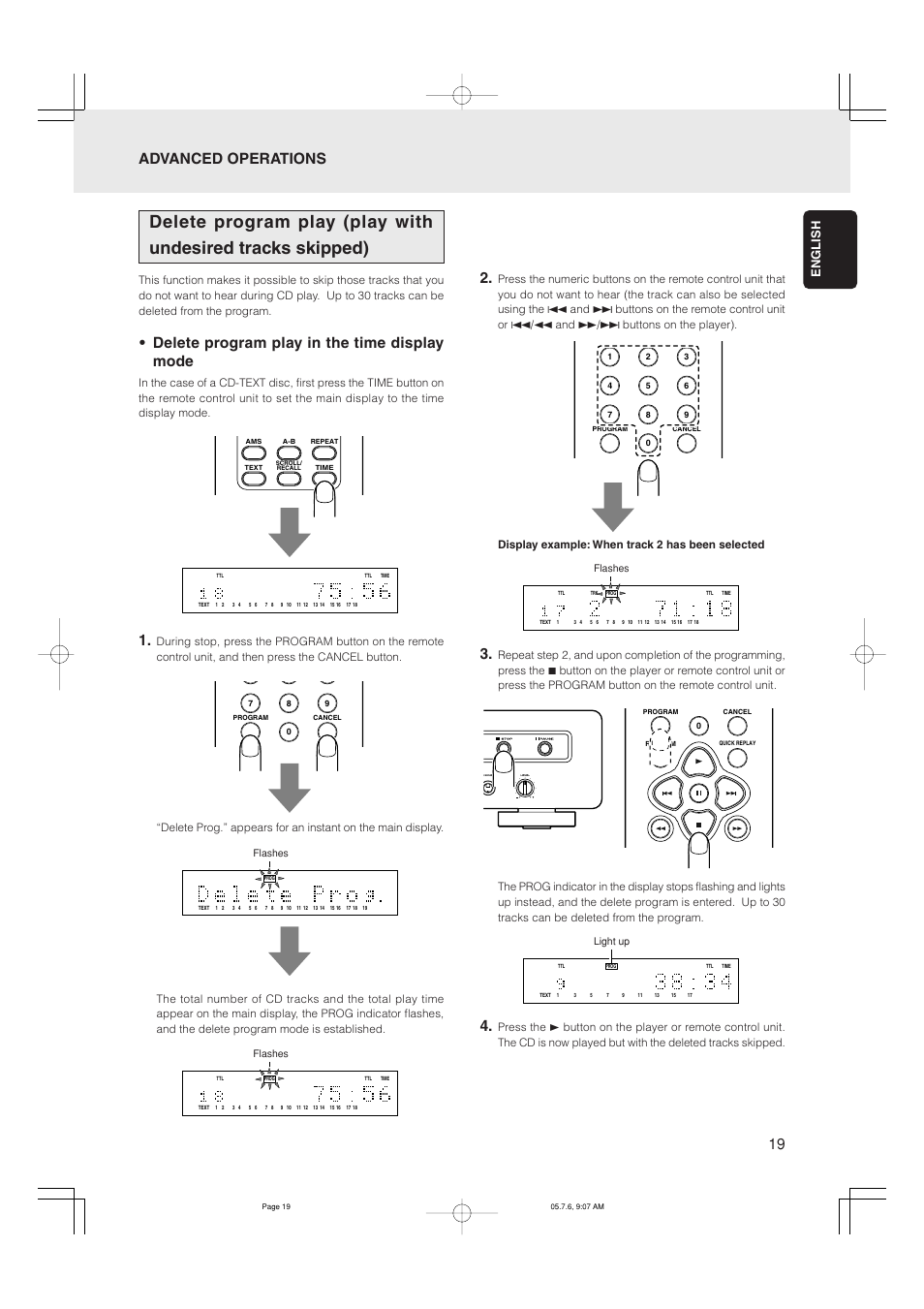 Delete program play in the time display mode, Advanced operations 2, English | Marantz CD5001 User Manual | Page 23 / 33