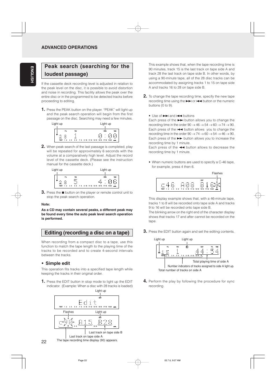 Peak search (searching for the loudest passage), Editing (recording a disc on a tape), Simple edit | Advanced operations, English | Marantz CD5001 User Manual | Page 26 / 33