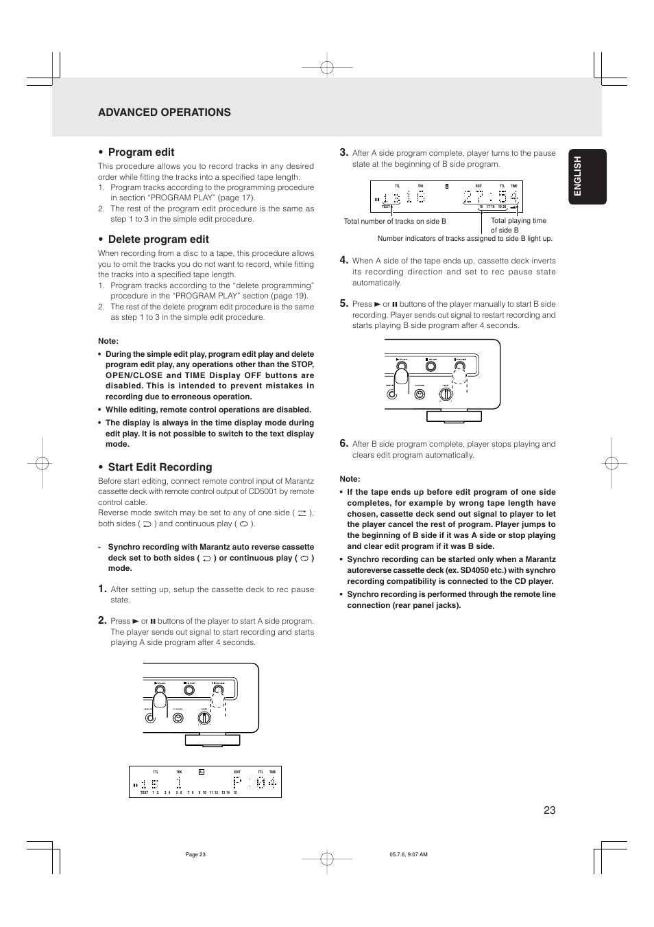 Program edit, Delete program edit, Start edit recording | Advanced operations | Marantz CD5001 User Manual | Page 27 / 33