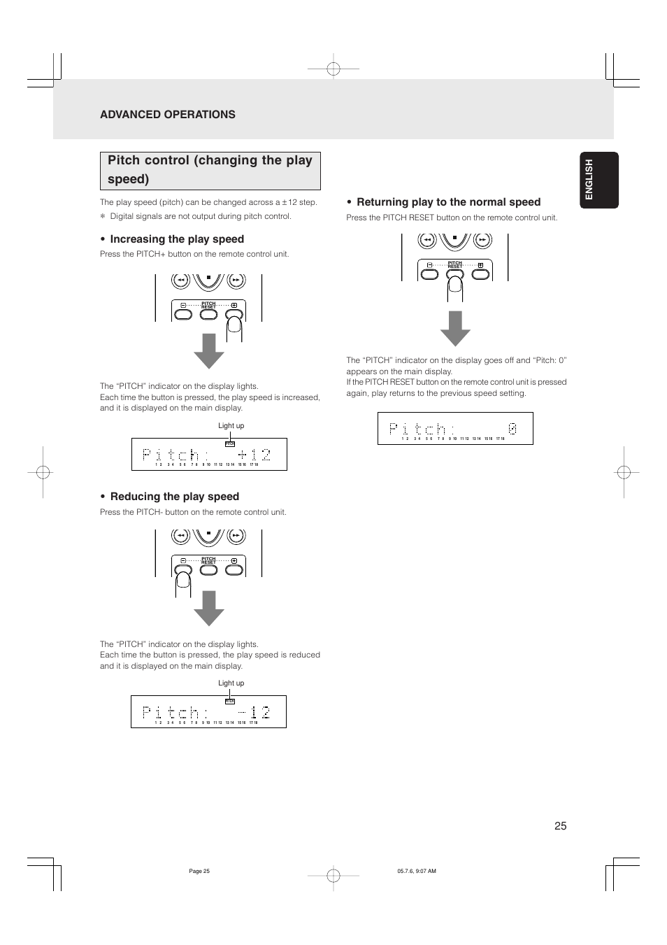 Pitch control (changing the play speed), Increasing the play speed, Reducing the play speed | English | Marantz CD5001 User Manual | Page 29 / 33