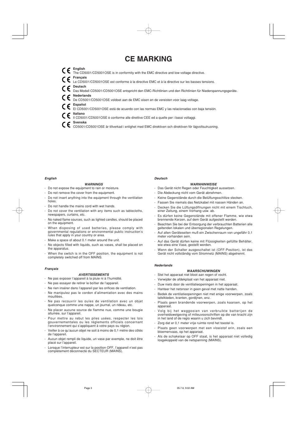 Ce marking | Marantz CD5001 User Manual | Page 3 / 33