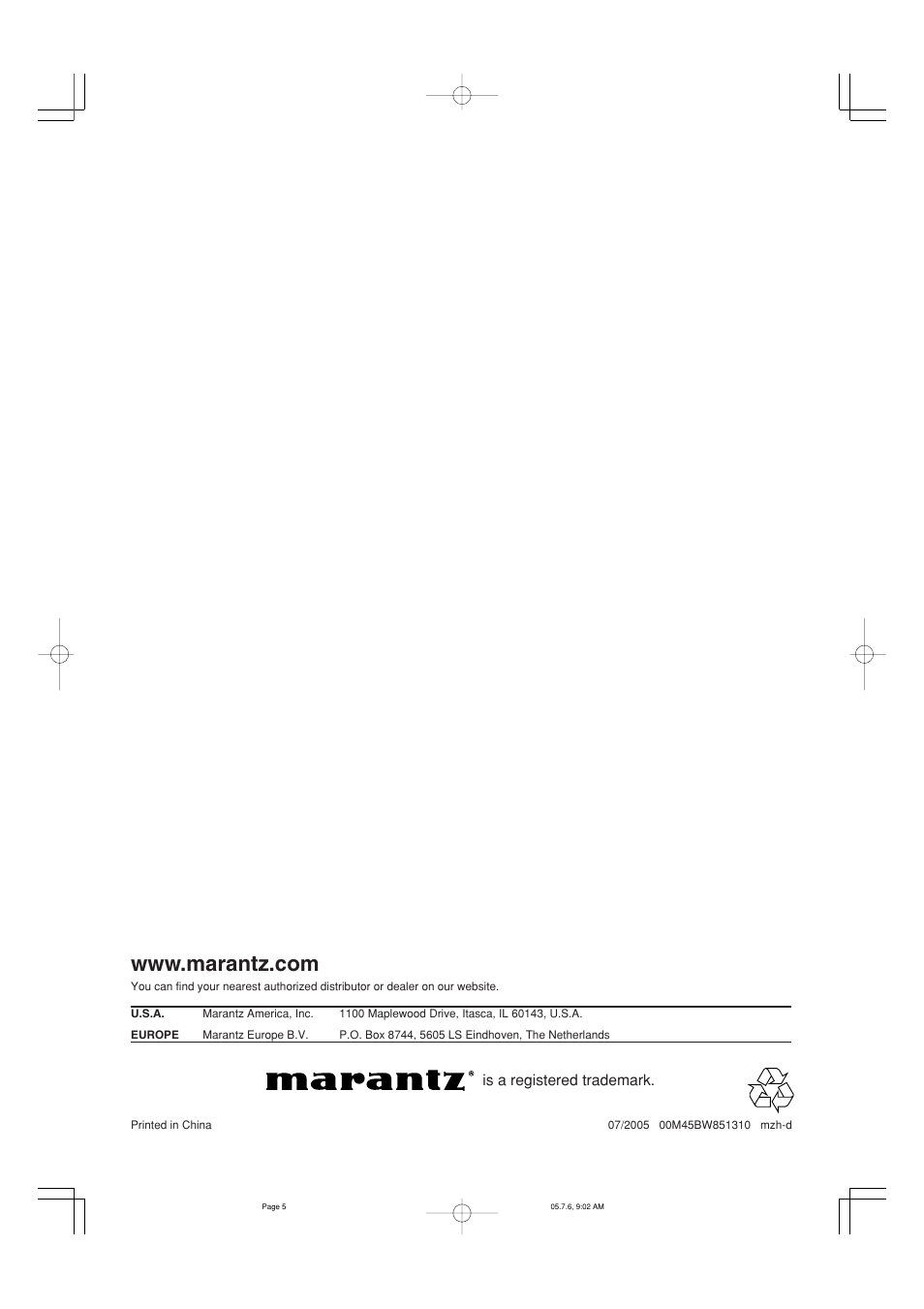 Is a registered trademark | Marantz CD5001 User Manual | Page 33 / 33