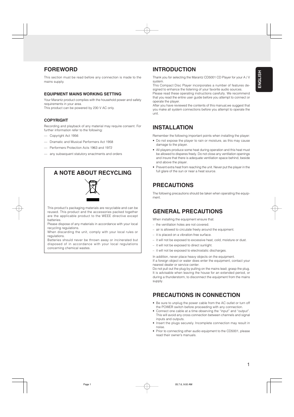 Foreword, Introduction, Installation | Precautions, General precautions, Precautions in connection | Marantz CD5001 User Manual | Page 5 / 33