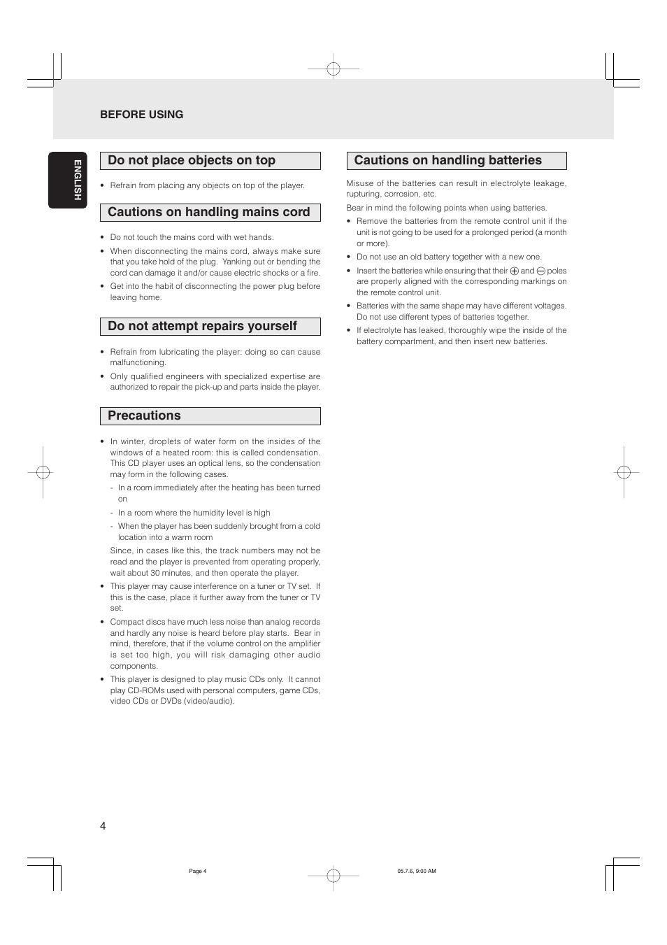Do not place objects on top, Cautions on handling mains cord, Do not attempt repairs yourself | Precautions, Cautions on handling batteries | Marantz CD5001 User Manual | Page 8 / 33