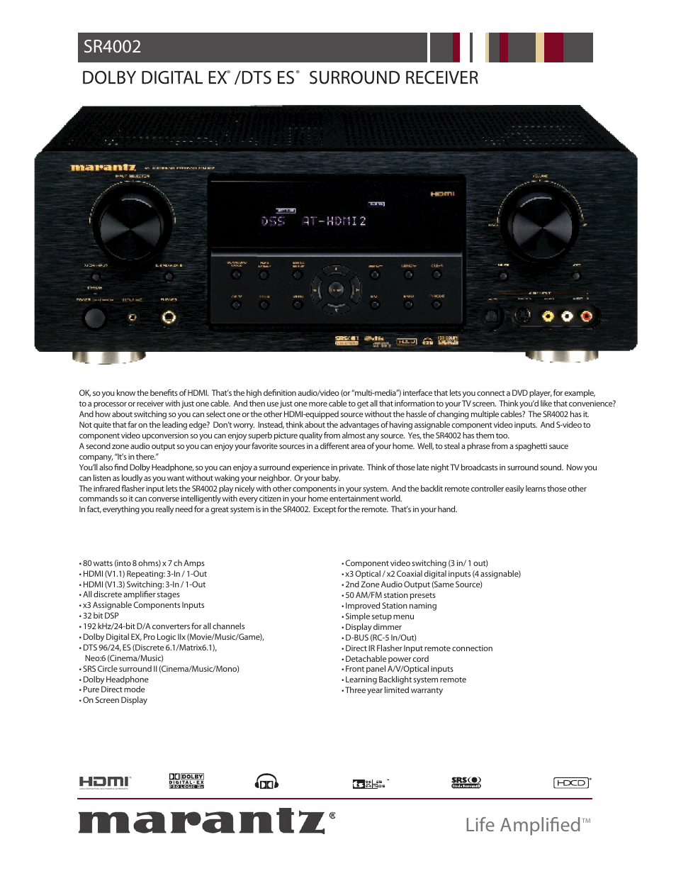 Marantz LIFE AMPLIFIED SR4002 User Manual | 2 pages