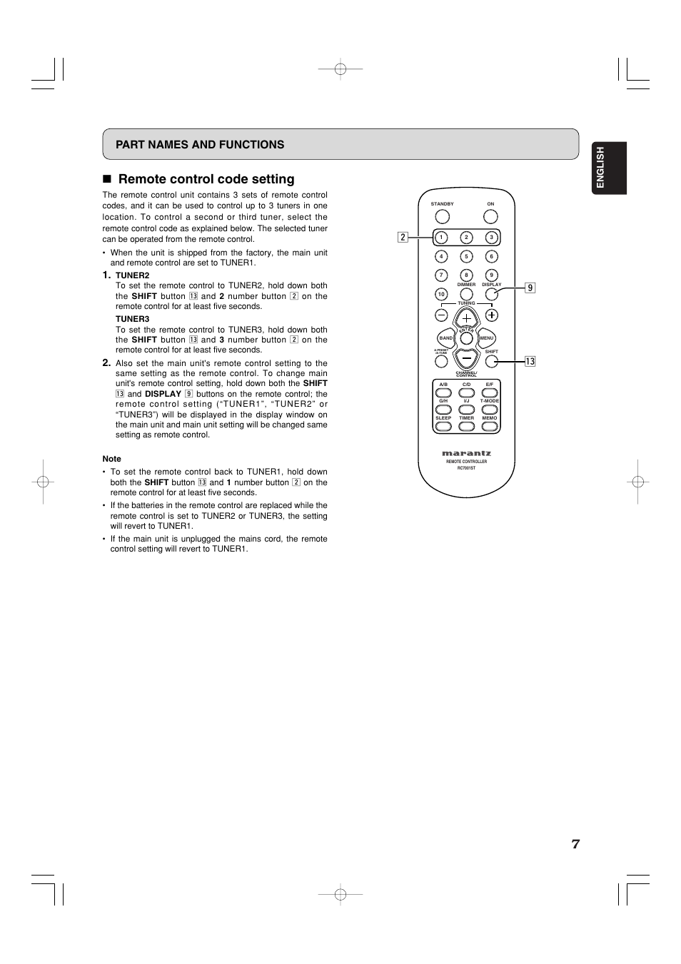 7 remote control code setting, Part names and functions, 3 . x | English | Marantz ST7001 User Manual | Page 11 / 30