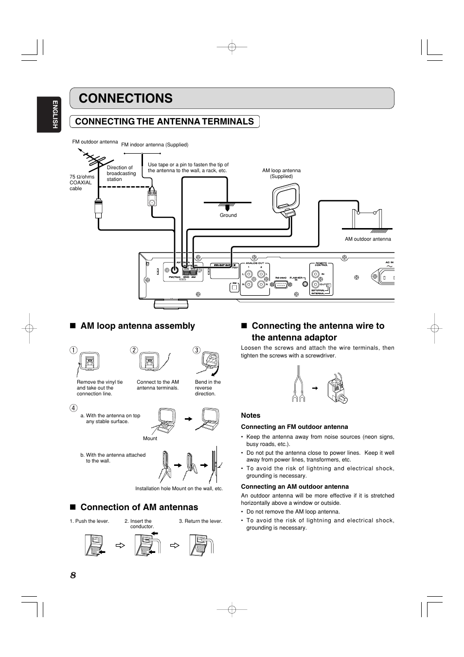 Connections, Connecting the antenna terminals, Qr w e | English, Connecting an fm outdoor antenna, Connecting an am outdoor antenna | Marantz ST7001 User Manual | Page 12 / 30