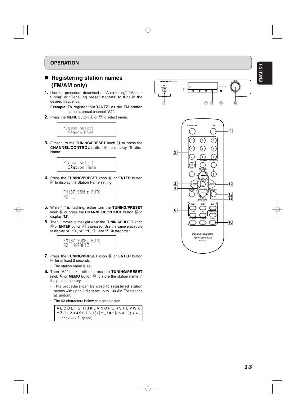 7 registering station names (fm/am only), Operation, C v ⁄2 ⁄3 ⁄4 ⁄6 n x | Marantz ST7001 User Manual | Page 17 / 30