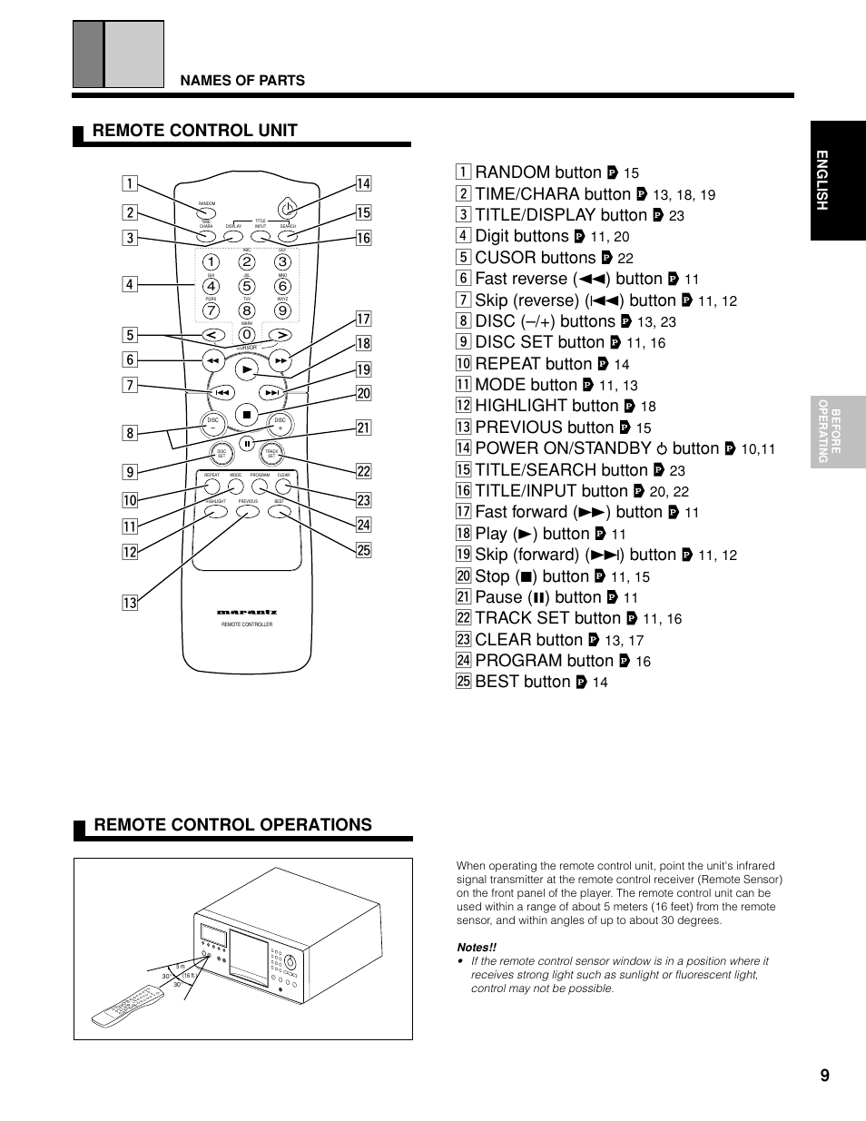 Remote control unit, Remote control operations, Zrandom button | Xtime/chara button, Ctitle/display button, Vdigit buttons, Bcusor buttons, Nfast reverse ( 1 ) button, Mskip (reverse) ( 4 ) button, Disc (–/+) buttons | Marantz CC9100 User Manual | Page 10 / 27