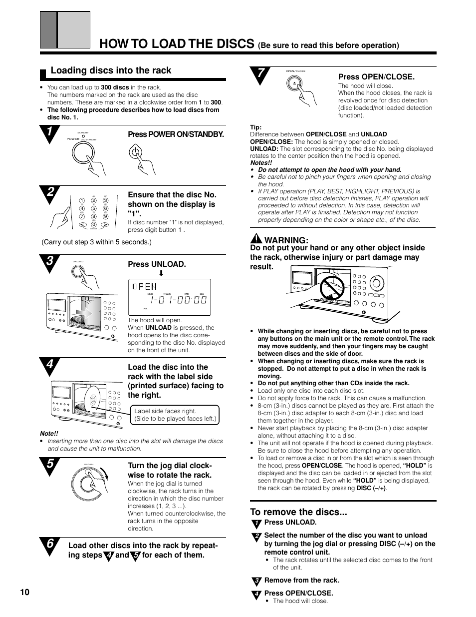 How to load the discs, Loading discs into the rack, Warning | Press open/close, Be sure to read this before operation), Press unload, Turn the jog dial clock- wise to rotate the rack | Marantz CC9100 User Manual | Page 11 / 27