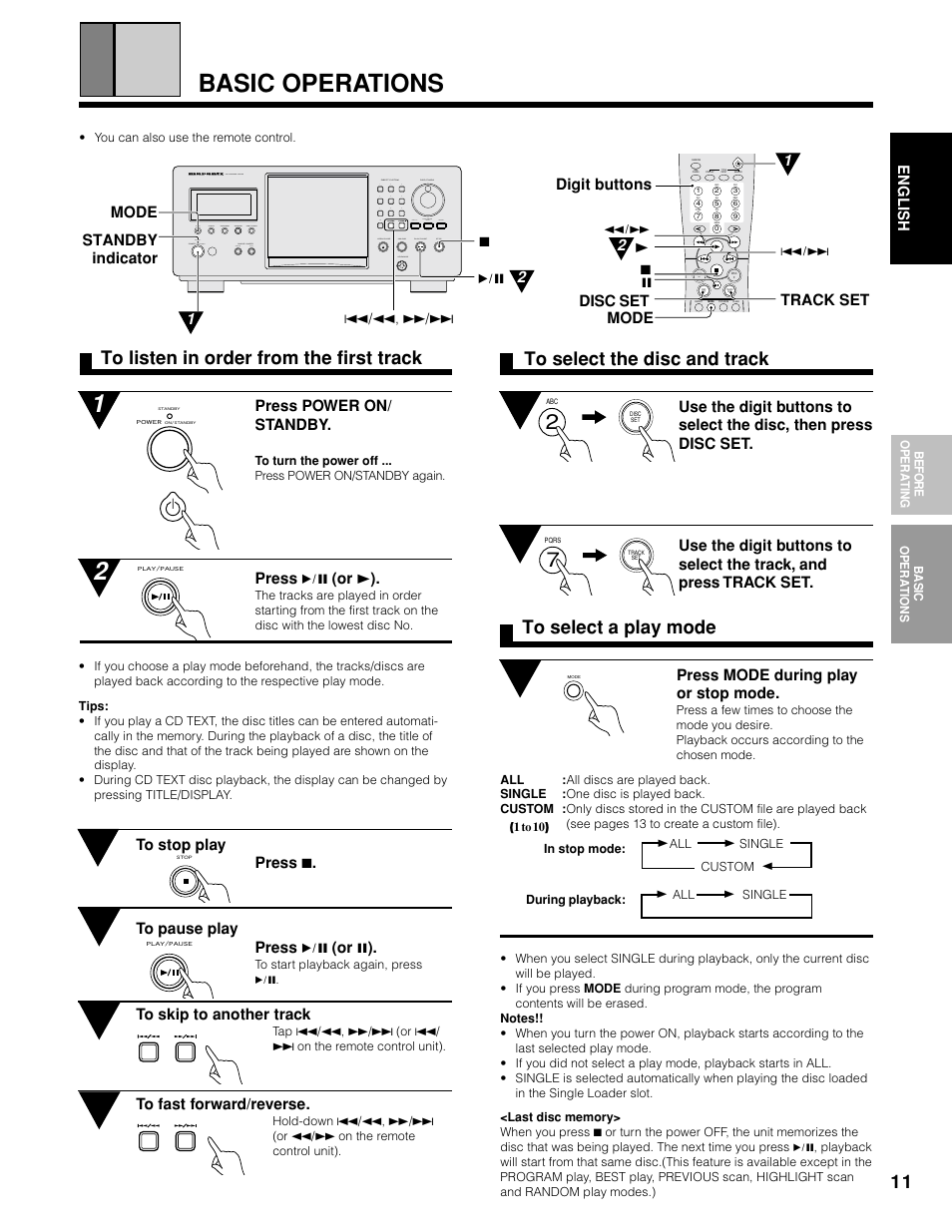 Basic operations, English, Press mode during play or stop mode | Press power on/ standby, Press 6 (or 3 ), Mode, Digit buttons mode 7 8 track set, 3disc set 2, Standby indicator 1 2 | Marantz CC9100 User Manual | Page 12 / 27