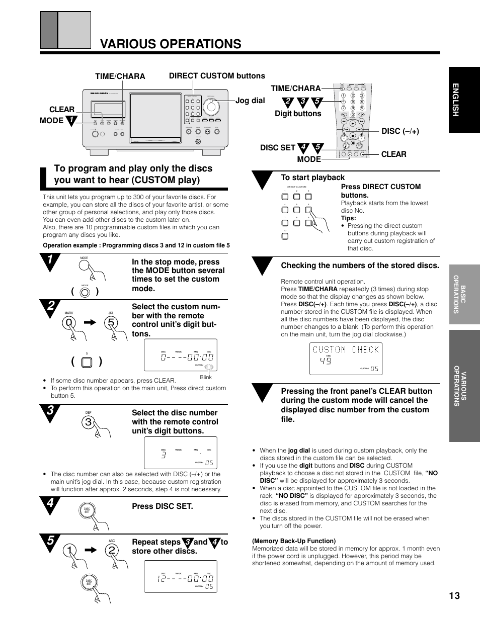 Various operations, English, Time/chara | Direct custom buttons, Checking the numbers of the stored discs, Press direct custom buttons | Marantz CC9100 User Manual | Page 14 / 27