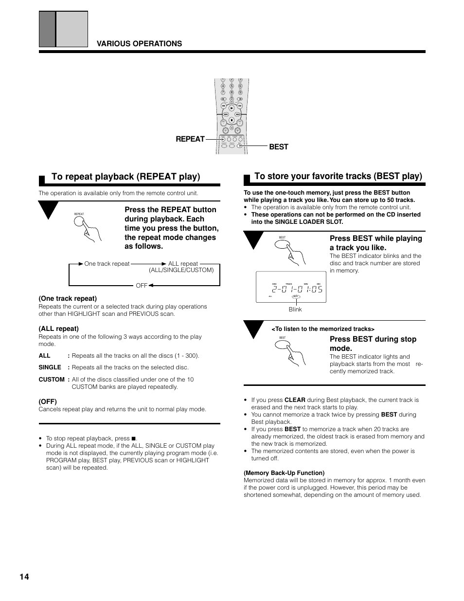 Various operations, Repeat, Press best while playing a track you like | Press best during stop mode, Best, One track repeat), All repeat), Off) | Marantz CC9100 User Manual | Page 15 / 27