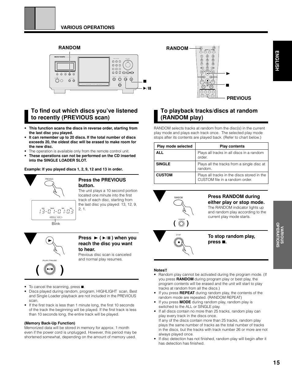 English, Press random during either play or stop mode, Press the previous button | 37 previous, Various operations, Random | Marantz CC9100 User Manual | Page 16 / 27