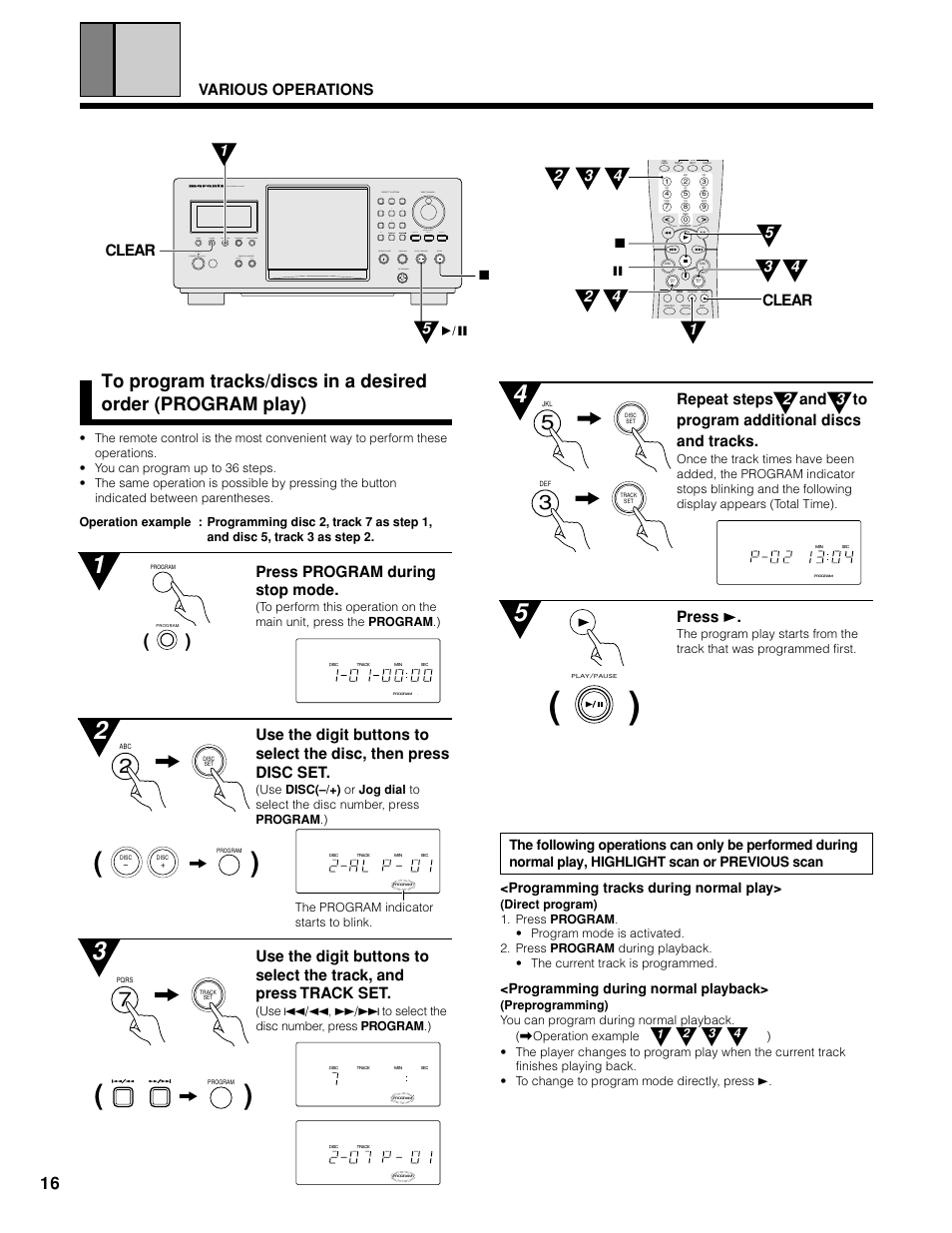 Press program during stop mode, Various operations, Clear 7 clear | Press 3, Programming during normal playback | Marantz CC9100 User Manual | Page 17 / 27