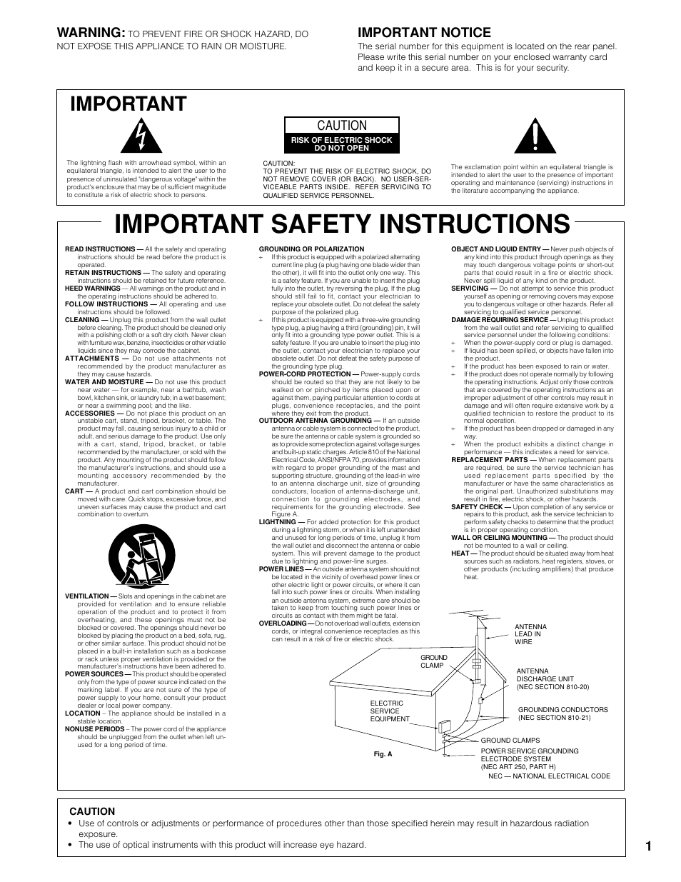 Important safety instructions, Important, Warning | Important notice, Caution, English | Marantz CC9100 User Manual | Page 2 / 27