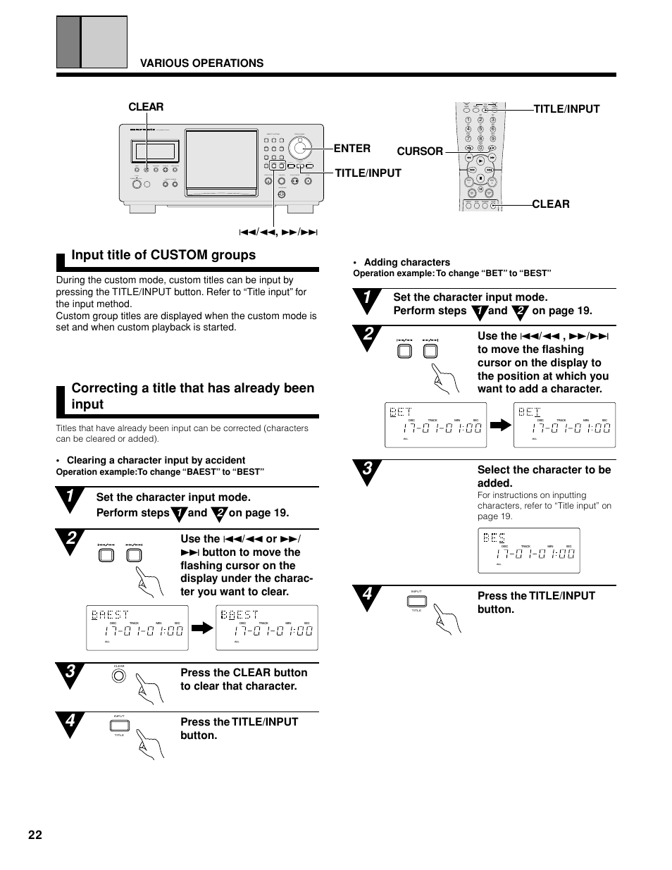 Input title of custom groups, Correcting a title that has already been input, Select the character to be added | Press the title/input button, Clear, Cursor various operations, Title/input enter title/input, Adding characters, Clearing a character input by accident | Marantz CC9100 User Manual | Page 23 / 27