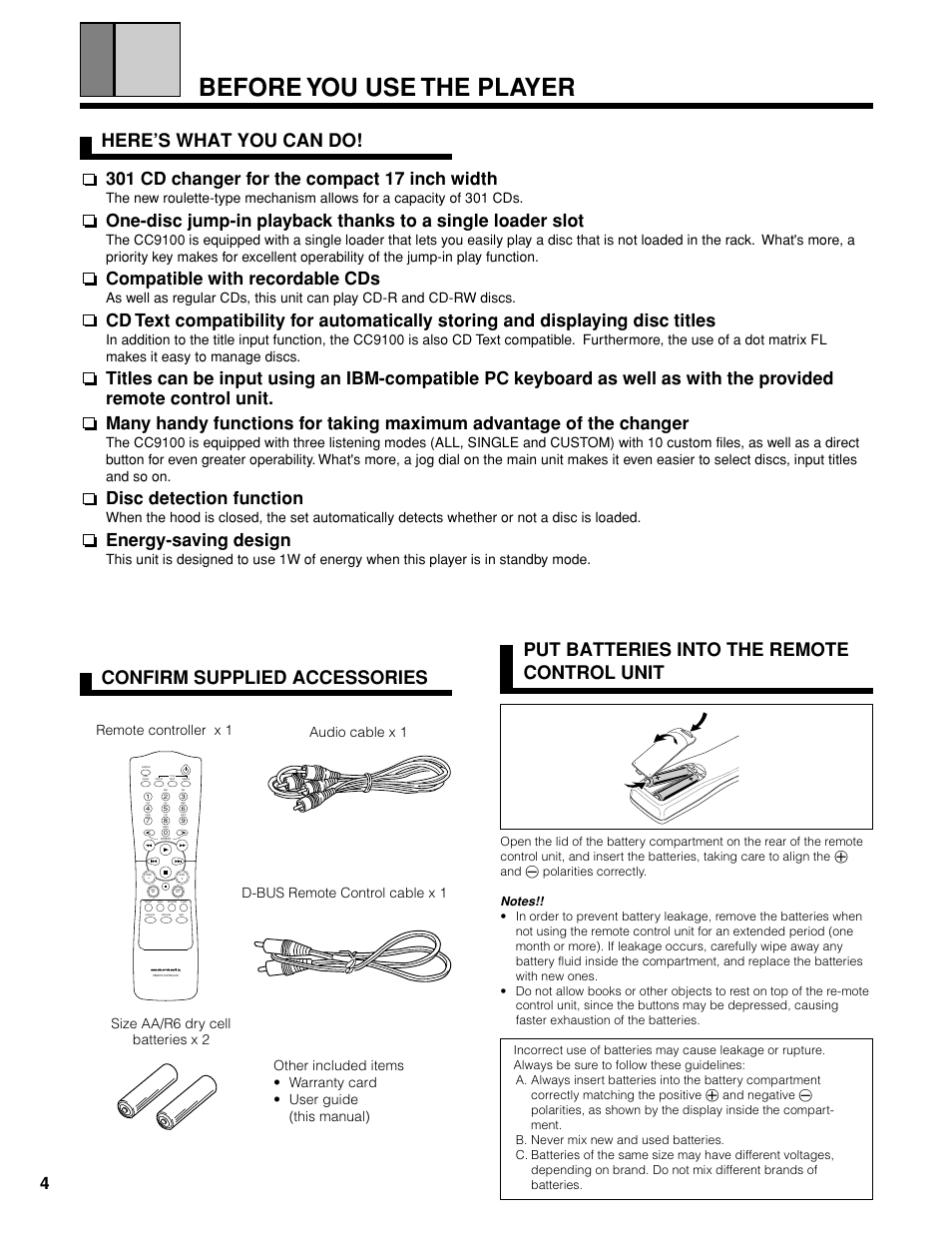 Before you use the player, Here’s what you can do, Confirm supplied accessories | Put batteries into the remote control unit, Compatible with recordable cds, Disc detection function, Energy-saving design | Marantz CC9100 User Manual | Page 5 / 27