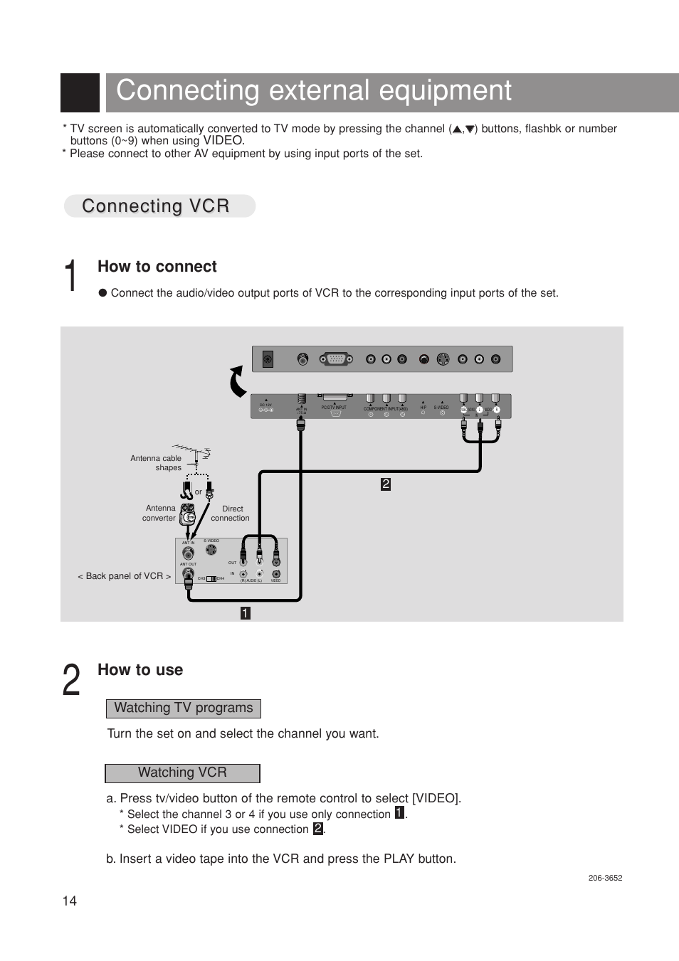 Connecting external equipment, Connecting, Connecting vcr vcr | How to connect, How to use, Watching tv programs, Watching vcr, Video, Turn the set on and select the channel you want | Marantz LC1500 User Manual | Page 14 / 48