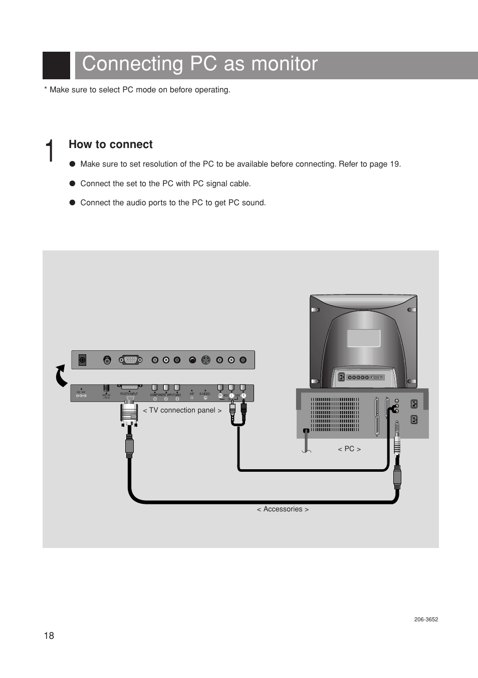 Connecting pc as monitor, How to connect, Make sure to select pc mode on before operating | Marantz LC1500 User Manual | Page 18 / 48