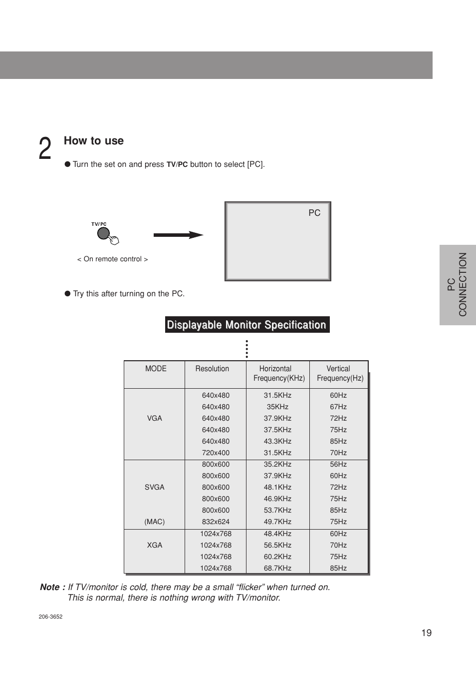 How to use, Displayable monitor specification, 19 pc connection | Marantz LC1500 User Manual | Page 19 / 48