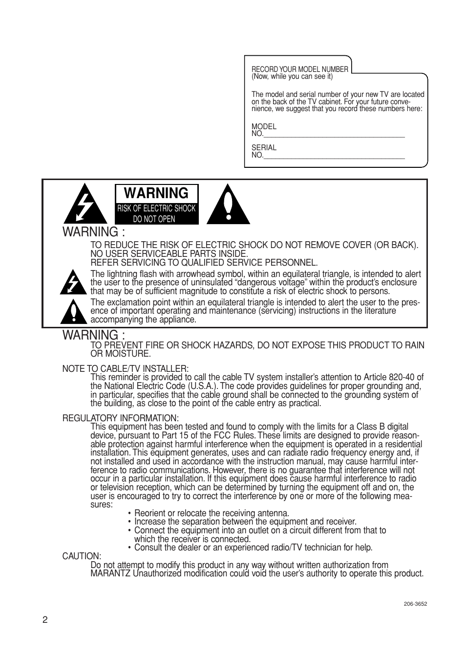 Warning | Marantz LC1500 User Manual | Page 2 / 48