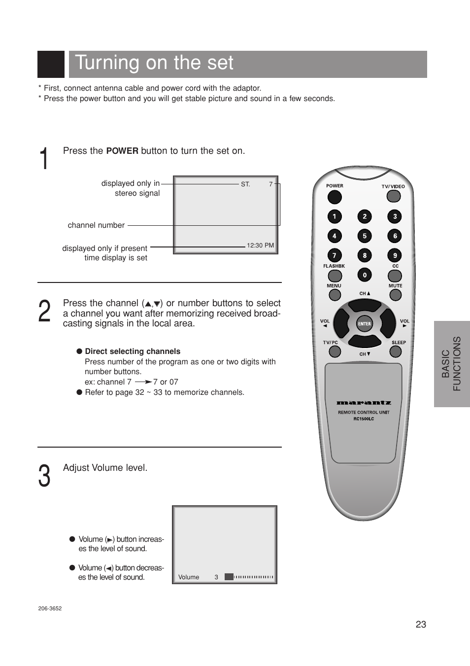 Turning on the set | Marantz LC1500 User Manual | Page 23 / 48