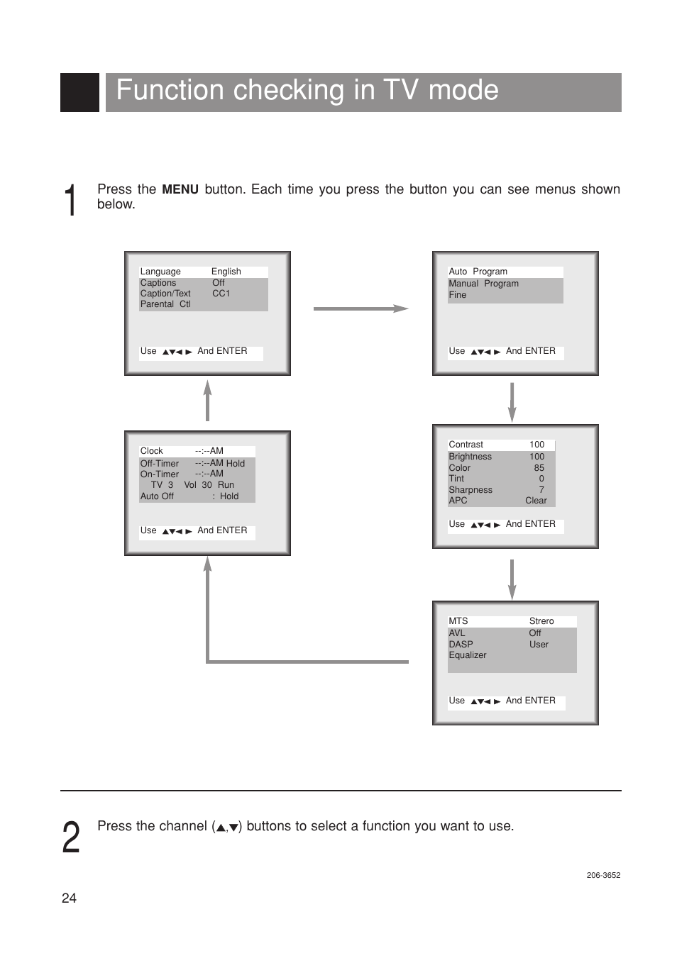 Function checking in tv mode, Press the, Press the channel | Buttons to select a function you want to use | Marantz LC1500 User Manual | Page 24 / 48