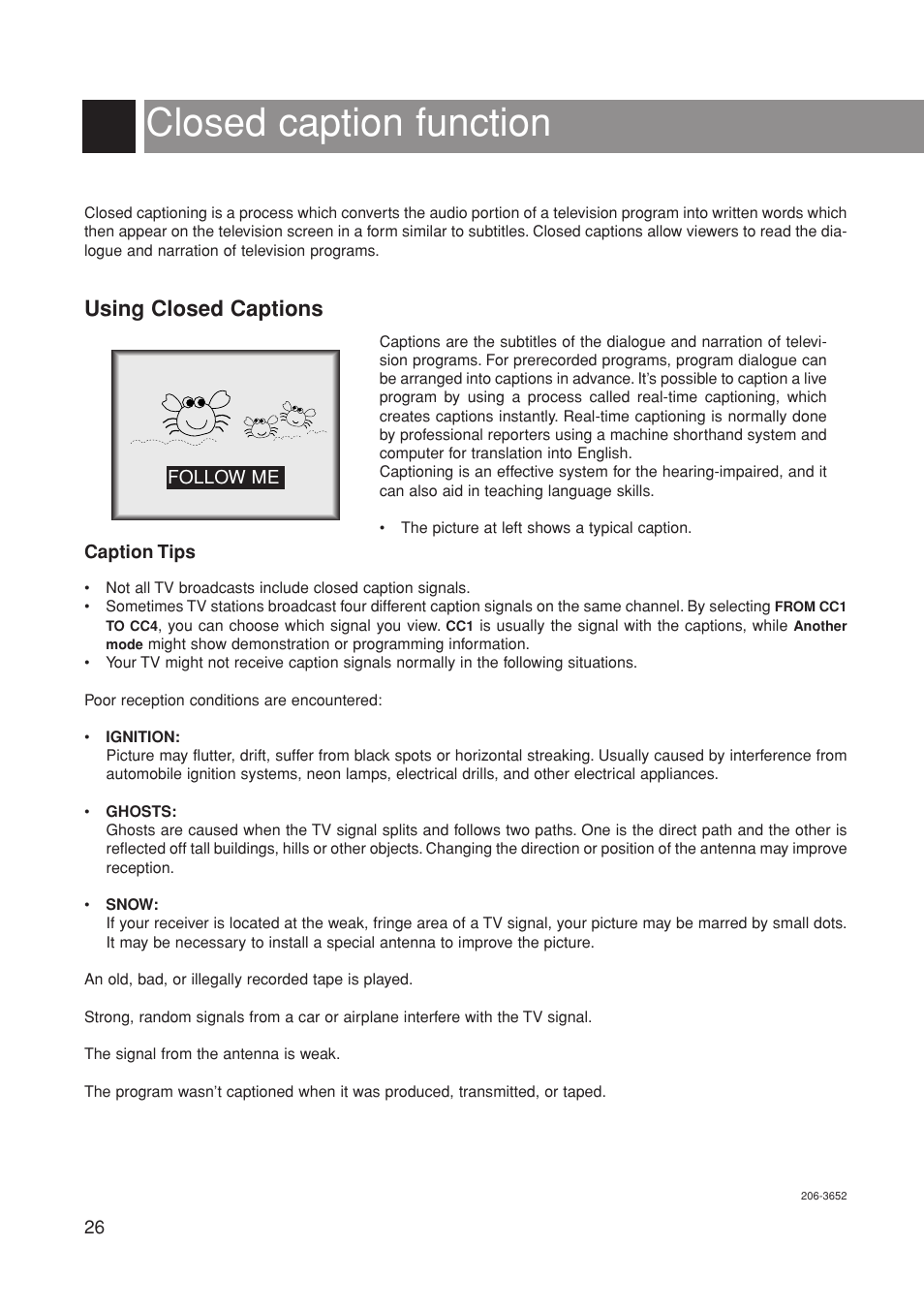 Closed caption function, Using closed captions | Marantz LC1500 User Manual | Page 26 / 48