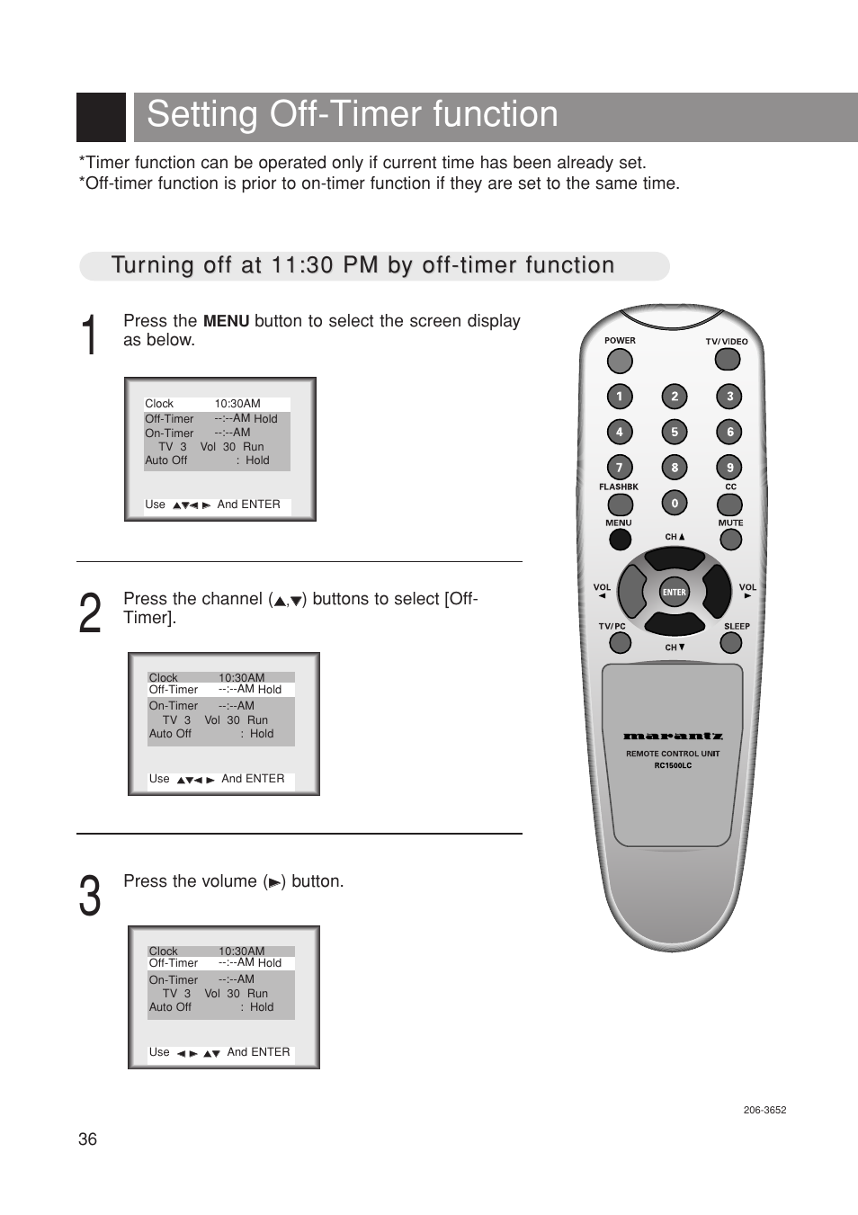 Setting off-timer function | Marantz LC1500 User Manual | Page 36 / 48