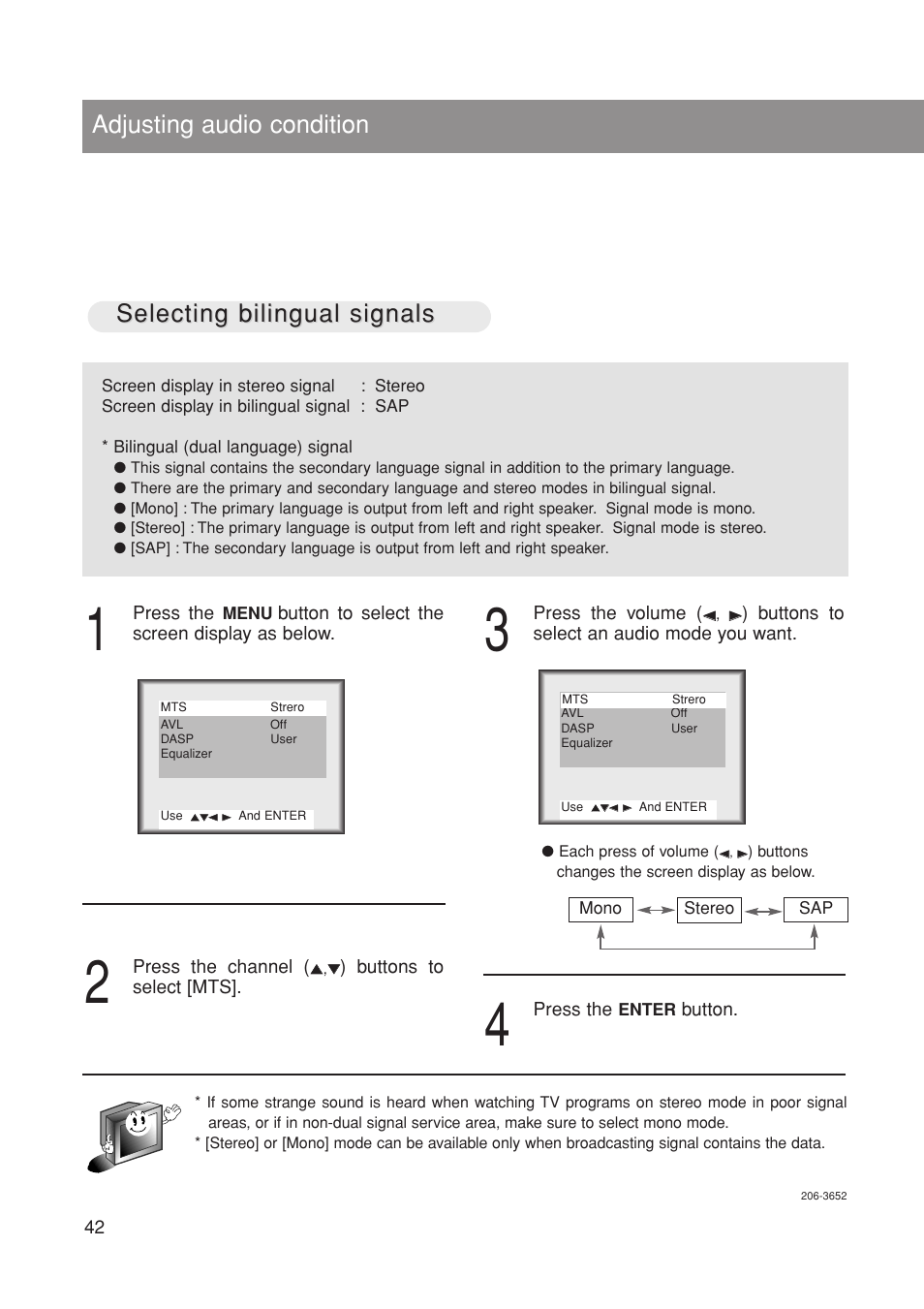 Adjusting audio condition, Selecting bilingual signals | Marantz LC1500 User Manual | Page 42 / 48