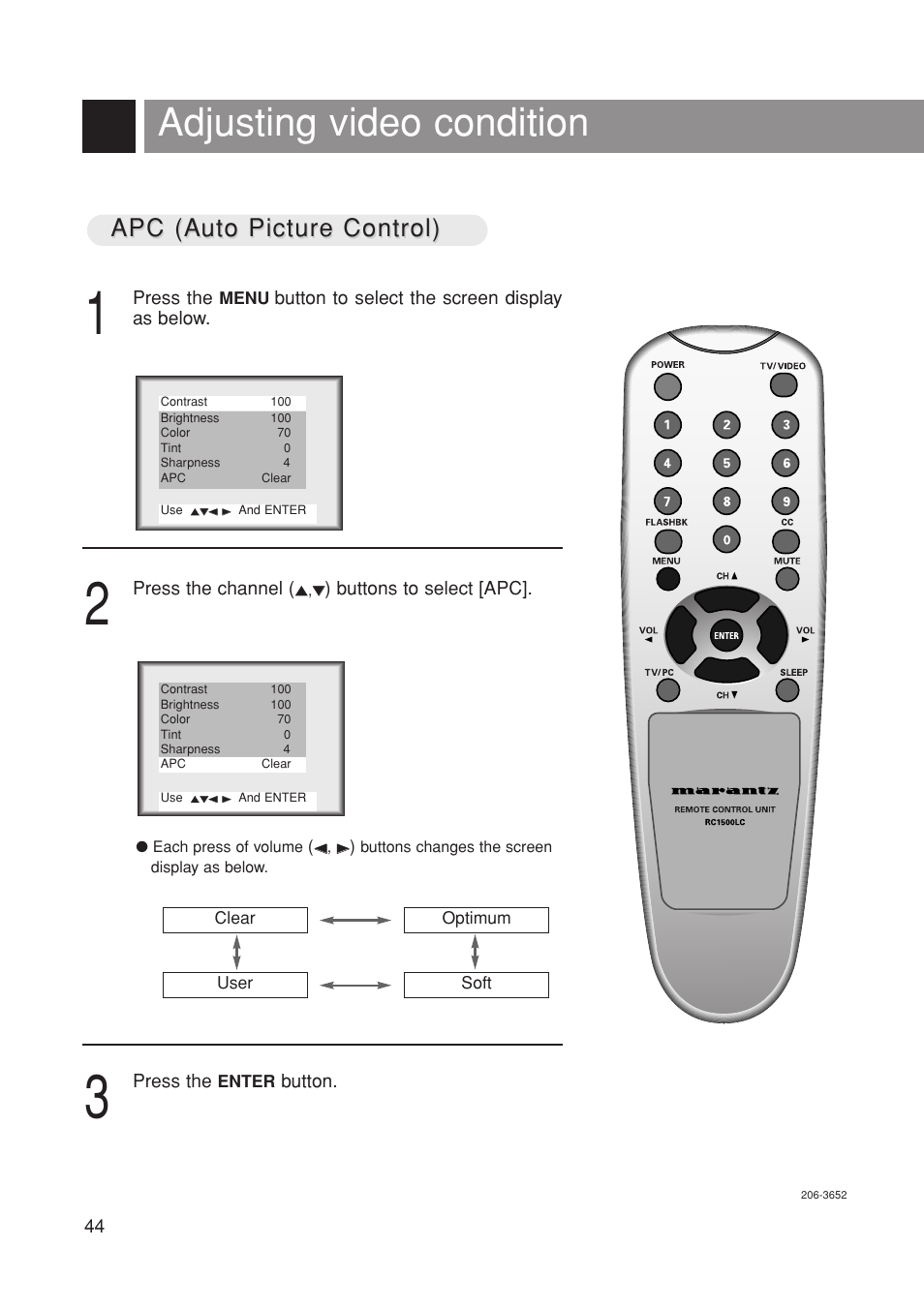 Adjusting video condition, Apc (a, Apc (a uto picture control) uto picture control) | Marantz LC1500 User Manual | Page 44 / 48