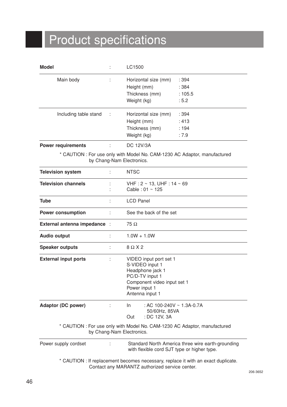 Product specifications | Marantz LC1500 User Manual | Page 46 / 48