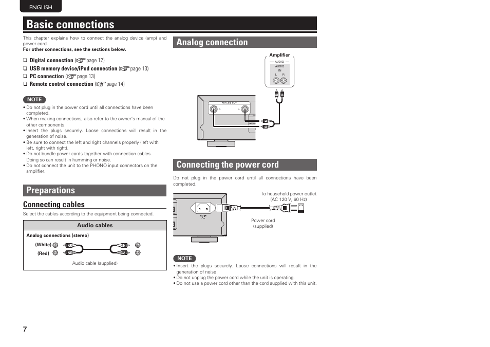 Basic connections, Preparations, Analog connection | Connecting the power cord, Connecting cables | Marantz SA8004 User Manual | Page 10 / 31