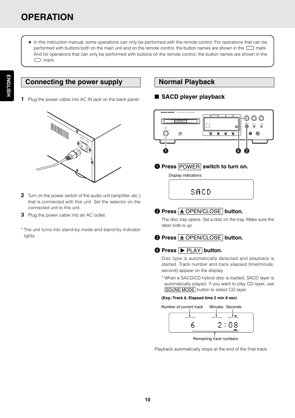 Operation, Connecting the power supply, Normal playback | Sacd player playback, Qpress power switch to turn on, Wpress open/close button, Epress open/close button. r press play button, Mh g, English 10 | Marantz SA8260 User Manual | Page 15 / 26