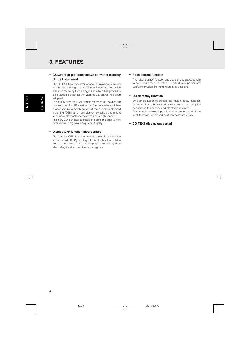 Features | Marantz CD5400 User Manual | Page 10 / 33