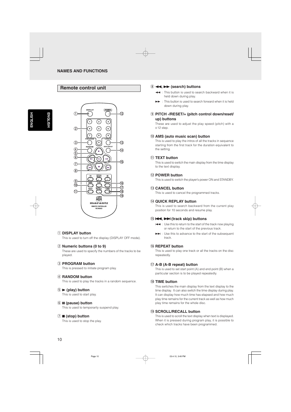 Remote control unit | Marantz CD5400 User Manual | Page 14 / 33