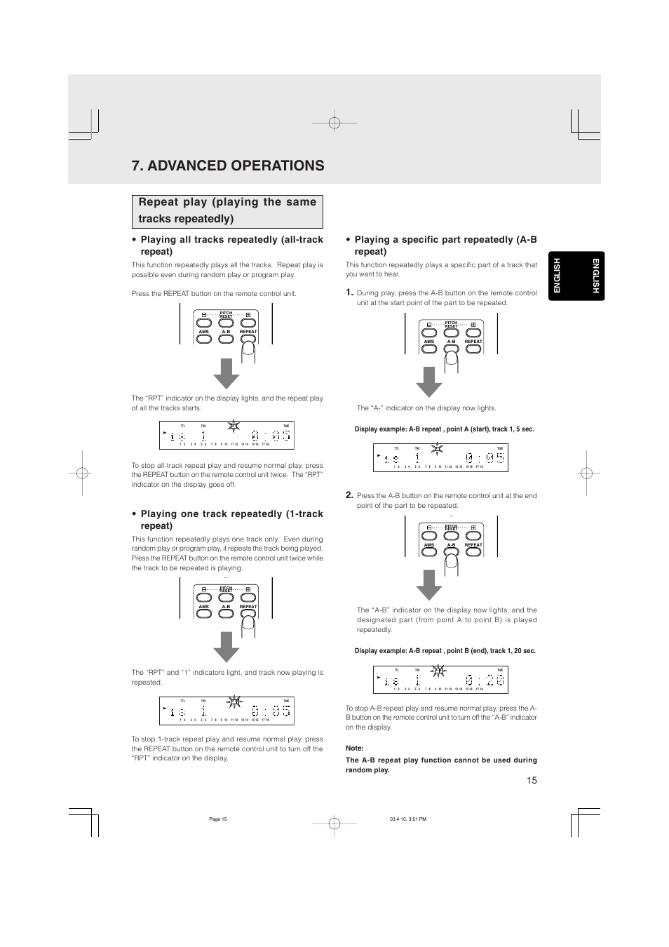 Advanced operations, Repeat play (playing the same tracks repeatedly), Playing all tracks repeatedly (all-track repeat) | Playing one track repeatedly (1-track repeat), Playing a specific part repeatedly (a-b repeat), English | Marantz CD5400 User Manual | Page 19 / 33