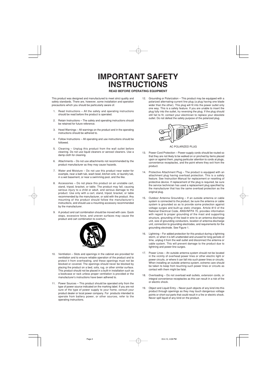 Important safety instructions | Marantz CD5400 User Manual | Page 2 / 33