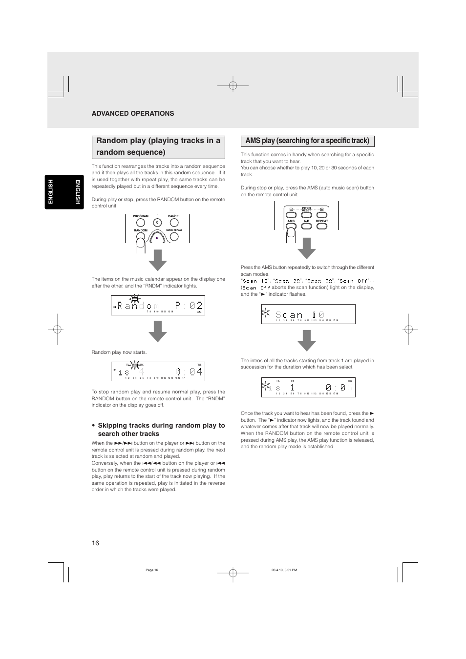 Random play (playing tracks in a random sequence), Ams play (searching for a specific track), Advanced operations | Marantz CD5400 User Manual | Page 20 / 33