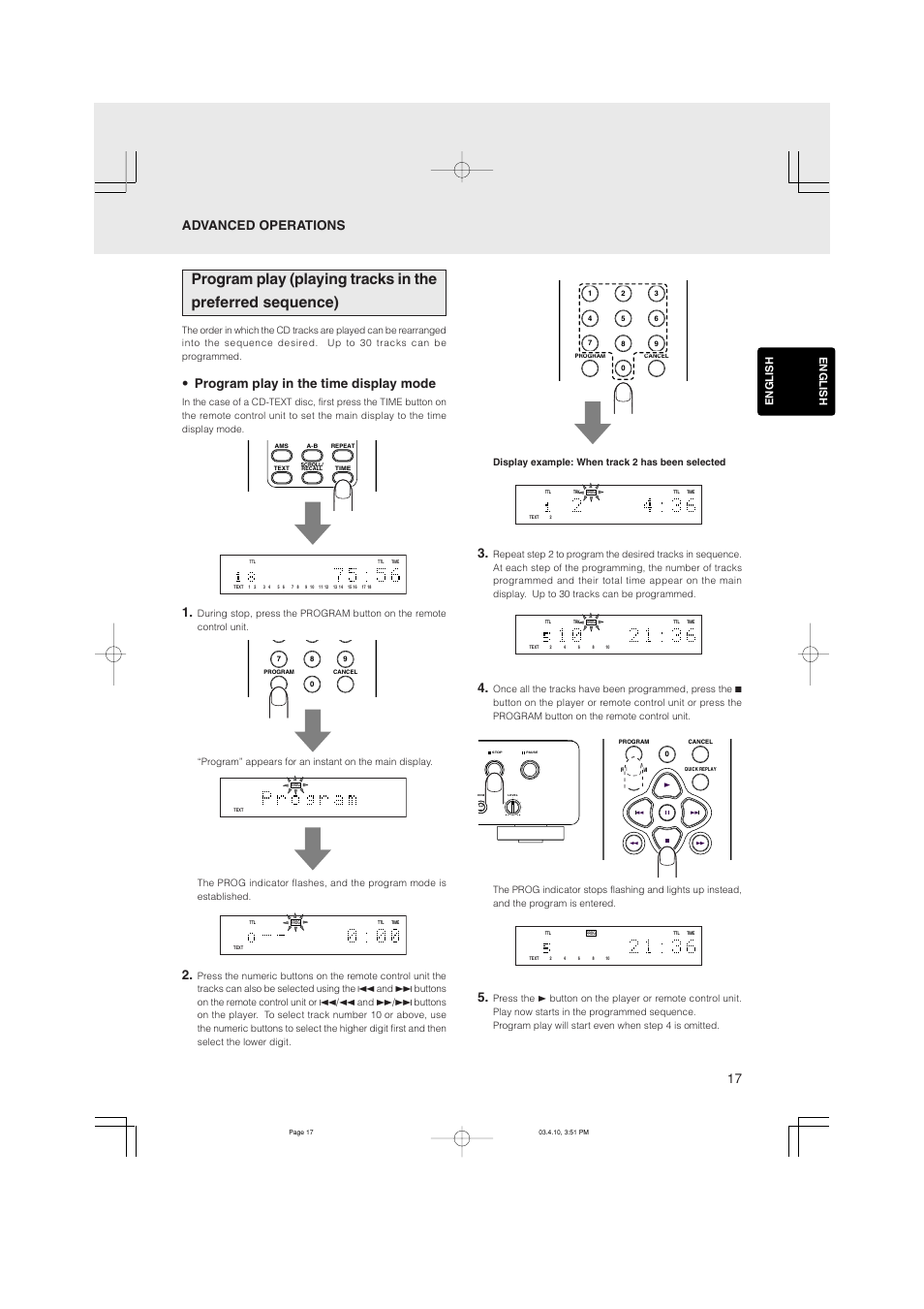 Program play in the time display mode, Advanced operations, English | Marantz CD5400 User Manual | Page 21 / 33