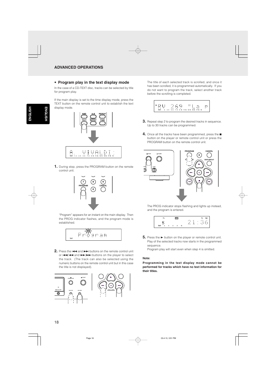 Program play in the text display mode, Advanced operations, English | Marantz CD5400 User Manual | Page 22 / 33