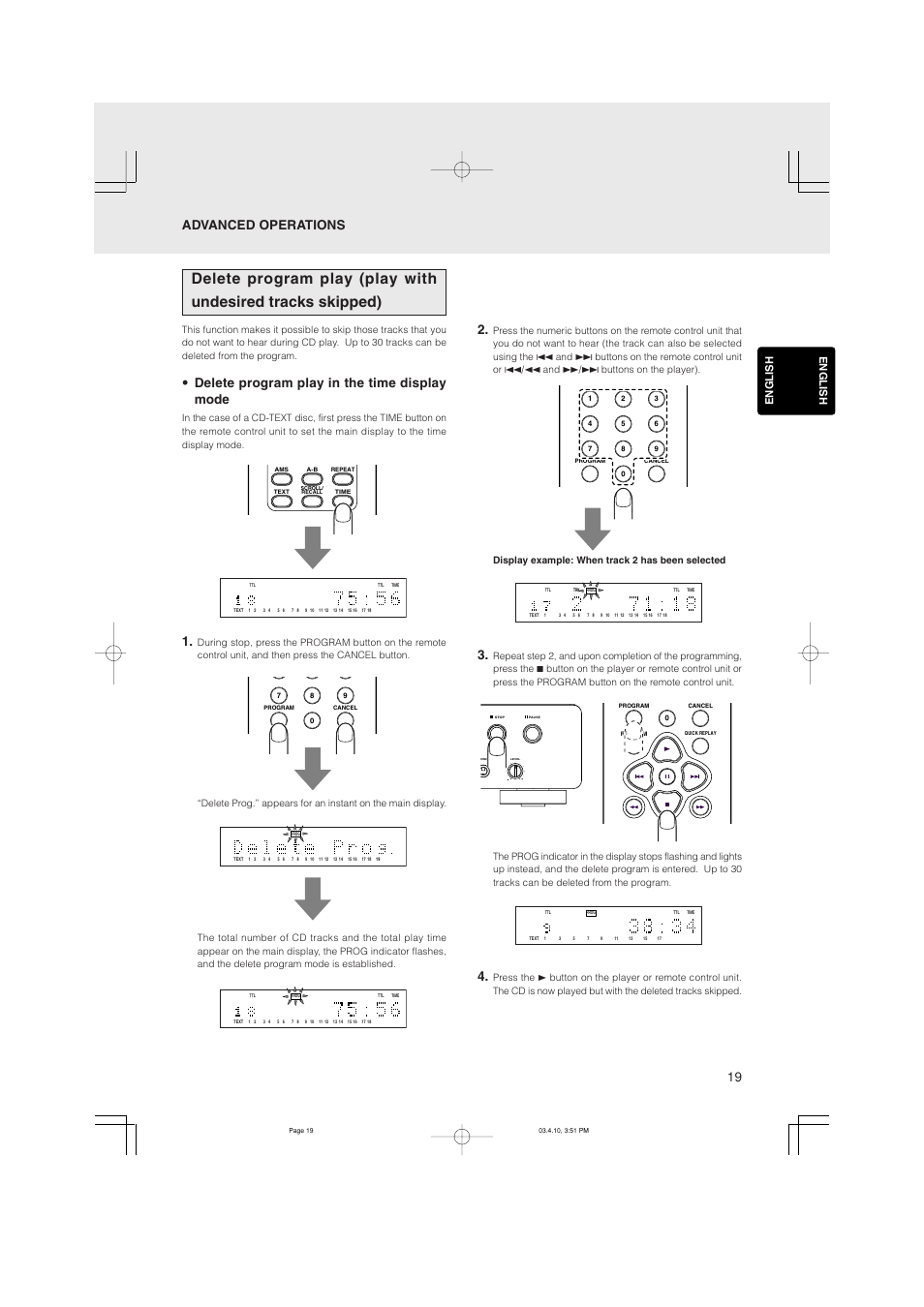 Delete program play in the time display mode, Advanced operations 2, English | Marantz CD5400 User Manual | Page 23 / 33