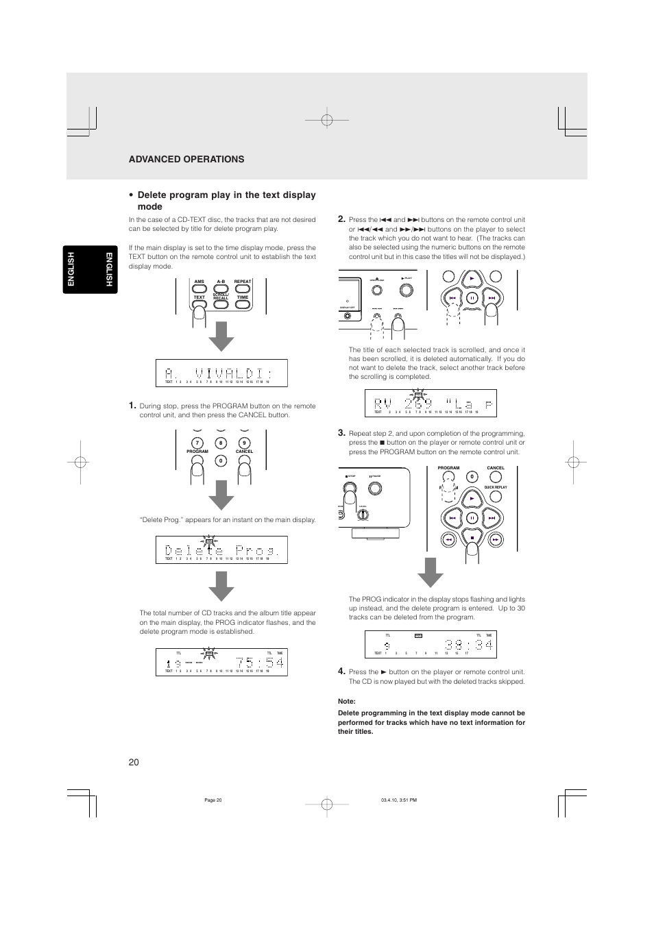 Delete program play in the text display mode, Advanced operations 2, English | Marantz CD5400 User Manual | Page 24 / 33