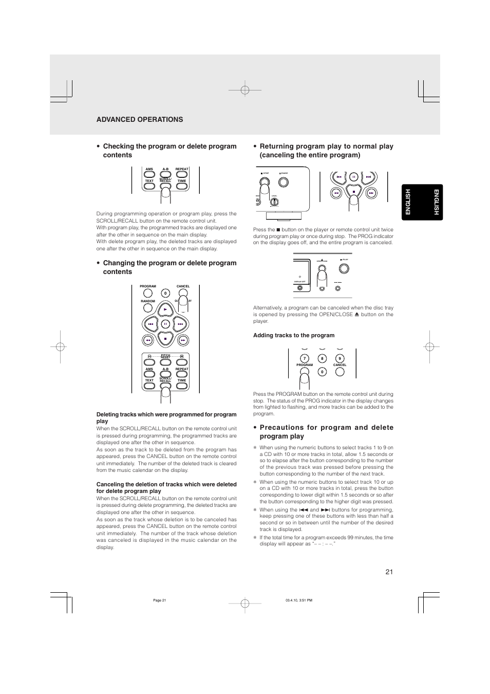 Checking the program or delete program contents, Changing the program or delete program contents, Precautions for program and delete program play | Marantz CD5400 User Manual | Page 25 / 33