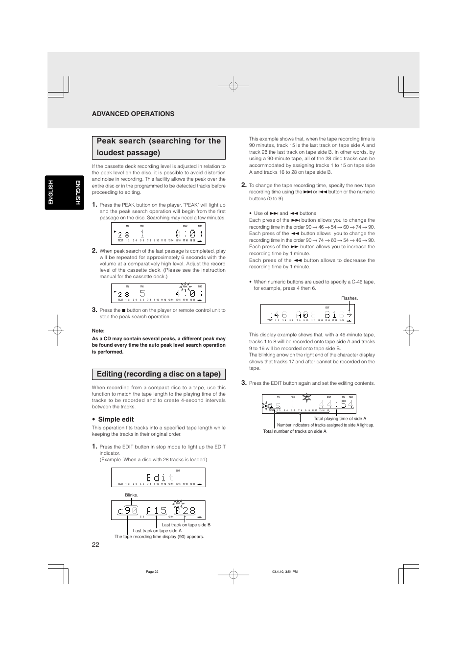 Peak search (searching for the loudest passage), Editing (recording a disc on a tape), Simple edit | Advanced operations | Marantz CD5400 User Manual | Page 26 / 33