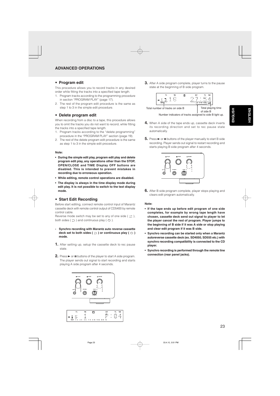 Program edit, Delete program edit, Start edit recording | Advanced operations | Marantz CD5400 User Manual | Page 27 / 33